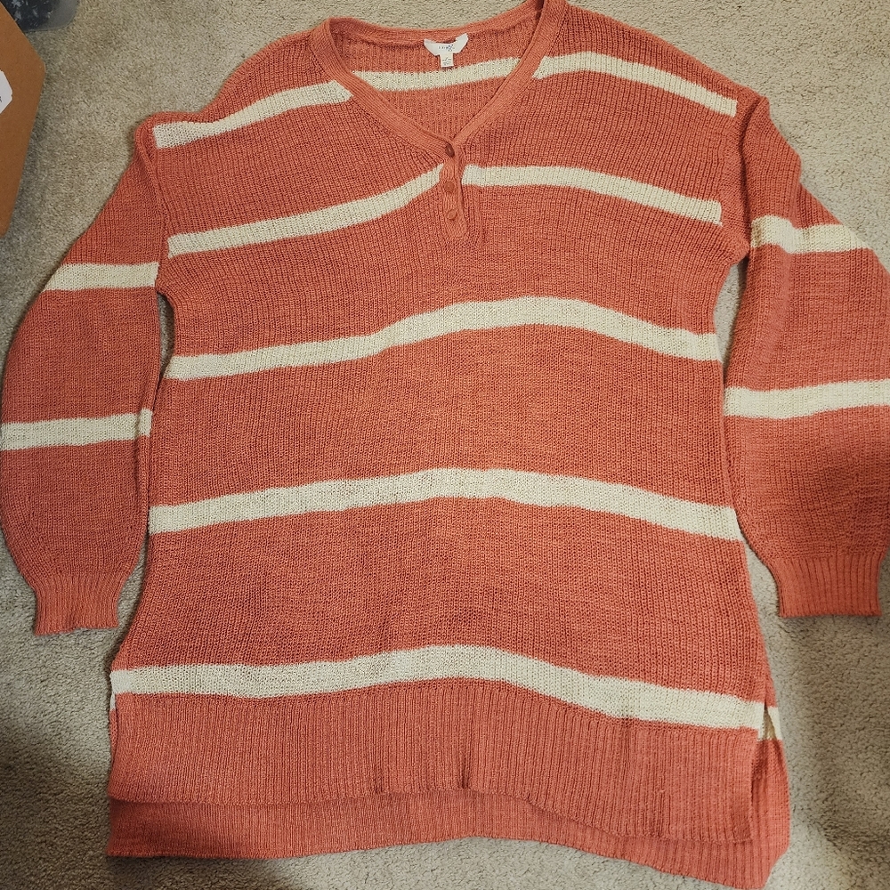 Women's Peach/Cream Coral Long Striped Oversized  V-Neck Sweater Henley Size 1X